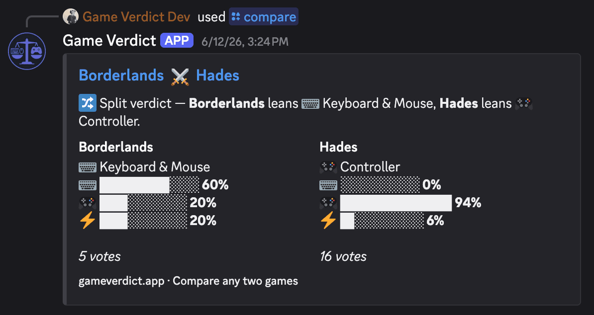 Game Verdict bot showing the /compare command comparing two games side-by-side in Discord