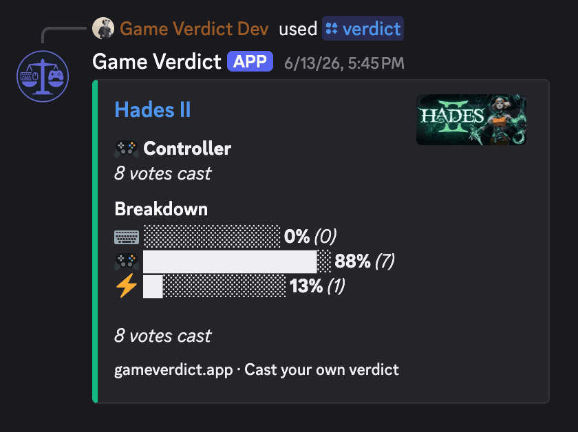 Game Verdict bot showing the /verdict command result for Hades II in a Discord channel